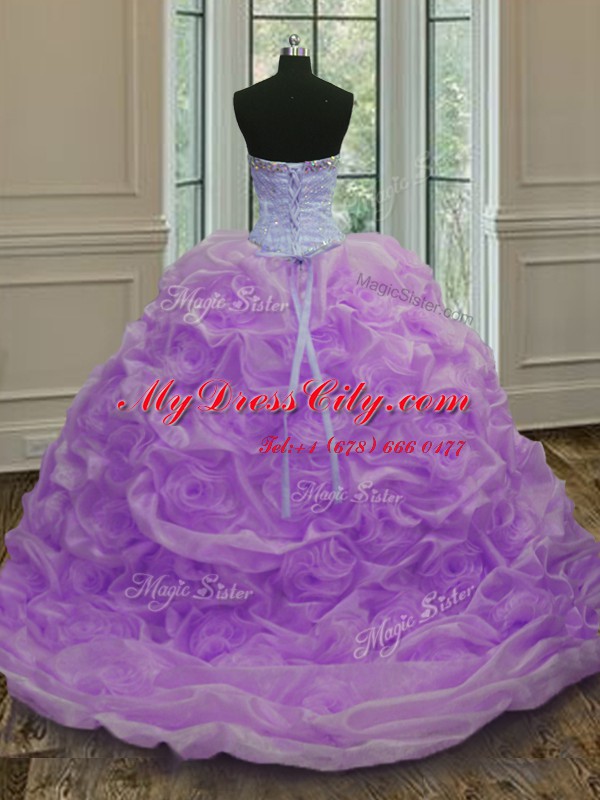 Stunning Lavender Organza Lace Up Sweetheart Sleeveless Quinceanera Gowns Sweep Train Beading