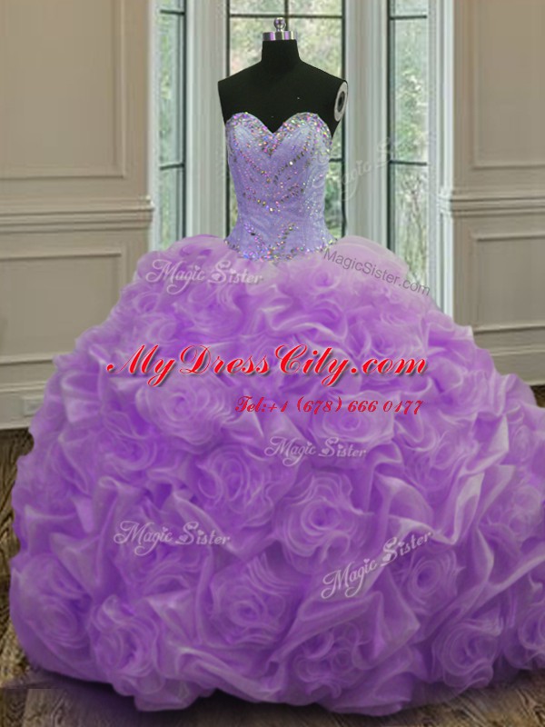 Stunning Lavender Organza Lace Up Sweetheart Sleeveless Quinceanera Gowns Sweep Train Beading