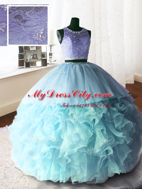 Hot Sale Scoop Baby Blue Organza and Tulle and Lace Zipper Sweet 16 Dress Sleeveless With Brush Train Beading and Lace and Ruffles