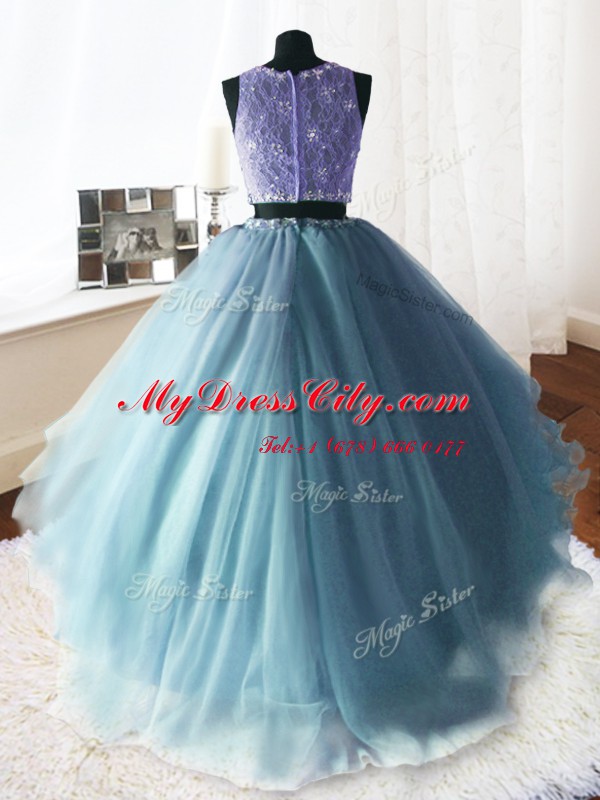 Hot Sale Scoop Baby Blue Organza and Tulle and Lace Zipper Sweet 16 Dress Sleeveless With Brush Train Beading and Lace and Ruffles