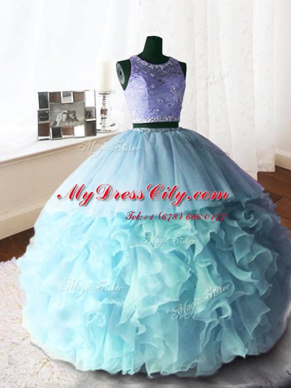 Hot Sale Scoop Baby Blue Organza and Tulle and Lace Zipper Sweet 16 Dress Sleeveless With Brush Train Beading and Lace and Ruffles