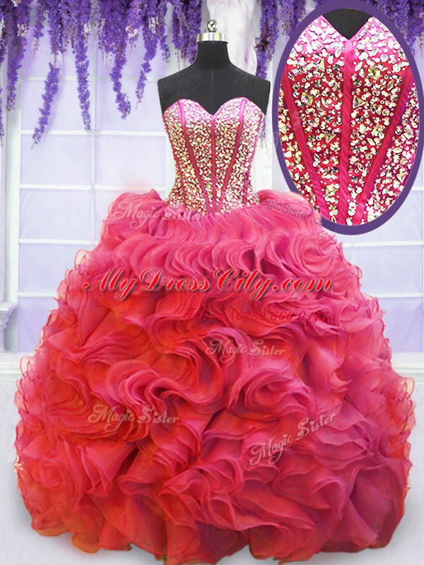 Sleeveless Beading and Ruffles Lace Up 15th Birthday Dress with Coral Red