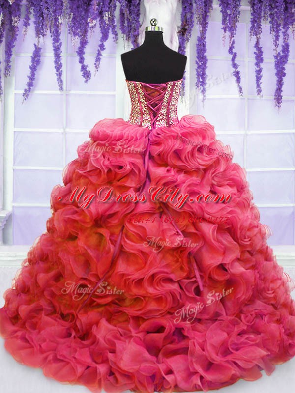 Sleeveless Beading and Ruffles Lace Up 15th Birthday Dress with Coral Red