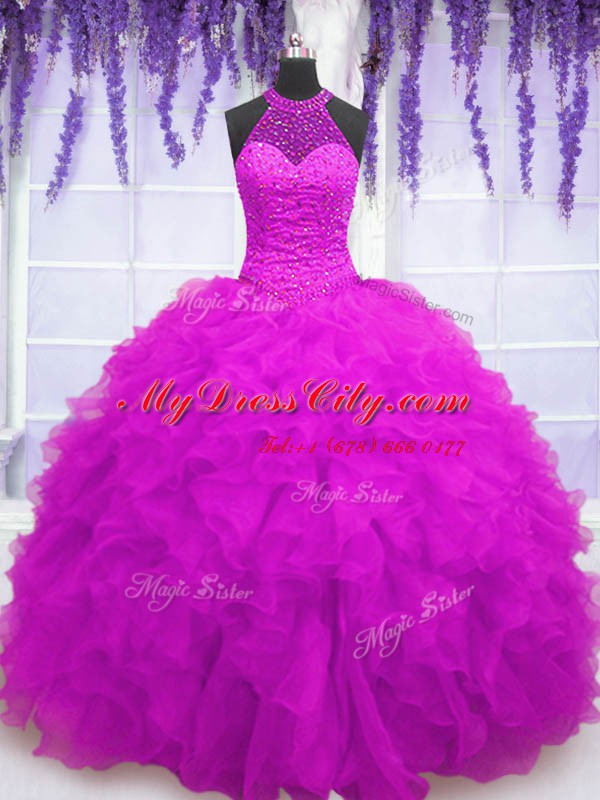 Fuchsia Ball Gowns Beading and Ruffles Quinceanera Gown Lace Up Organza Sleeveless Floor Length