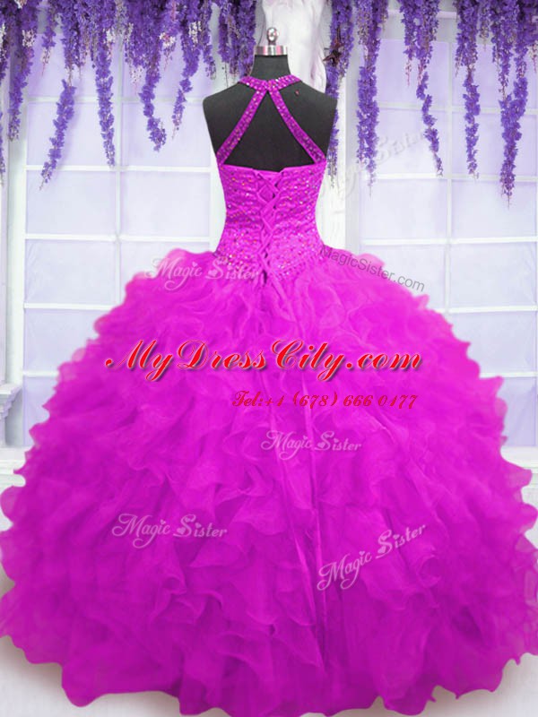 Fuchsia Ball Gowns Beading and Ruffles Quinceanera Gown Lace Up Organza Sleeveless Floor Length