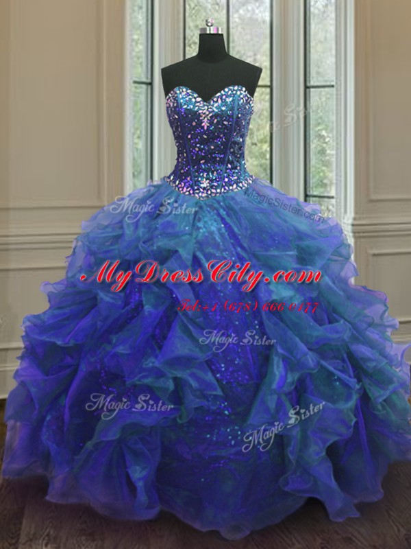 Chic Floor Length Ball Gowns Sleeveless Blue 15 Quinceanera Dress Lace Up