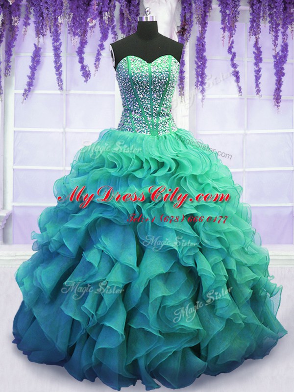 Luxury Turquoise Sweetheart Neckline Beading and Ruffles Sweet 16 Quinceanera Dress Sleeveless Lace Up