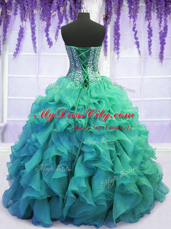 Luxury Turquoise Sweetheart Neckline Beading and Ruffles Sweet 16 Quinceanera Dress Sleeveless Lace Up