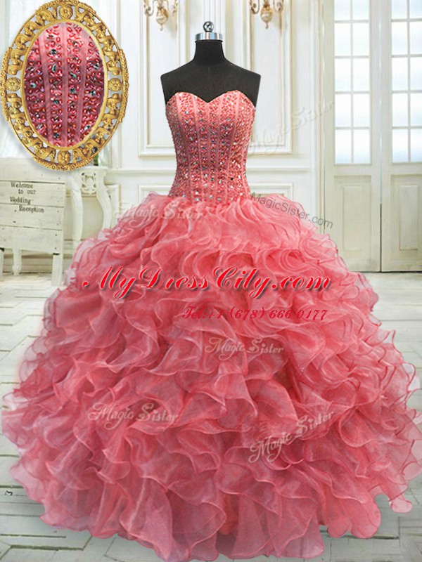 Hot Selling Watermelon Red Sleeveless Organza Lace Up Vestidos de Quinceanera for Military Ball and Sweet 16 and Quinceanera