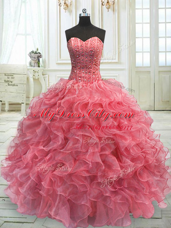 Hot Selling Watermelon Red Sleeveless Organza Lace Up Vestidos de Quinceanera for Military Ball and Sweet 16 and Quinceanera