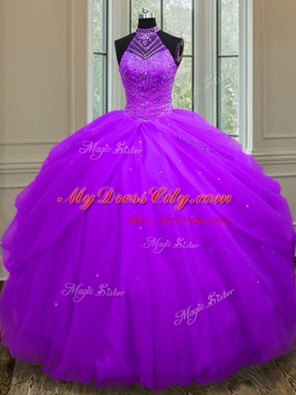 Colorful Halter Top Purple Sleeveless Floor Length Beading and Sequins Lace Up Quinceanera Dresses