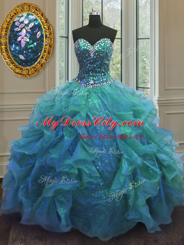 High Class Floor Length Blue Quinceanera Gowns Organza Sleeveless Beading and Ruffles