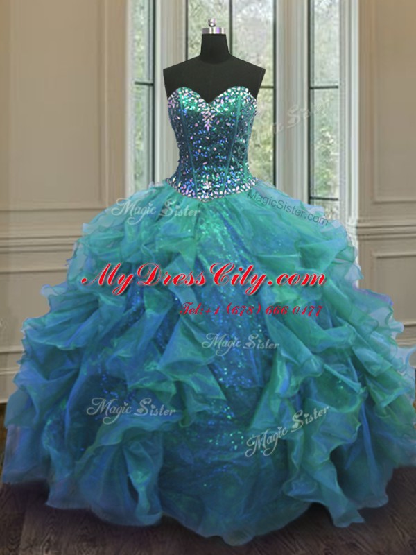 High Class Floor Length Blue Quinceanera Gowns Organza Sleeveless Beading and Ruffles