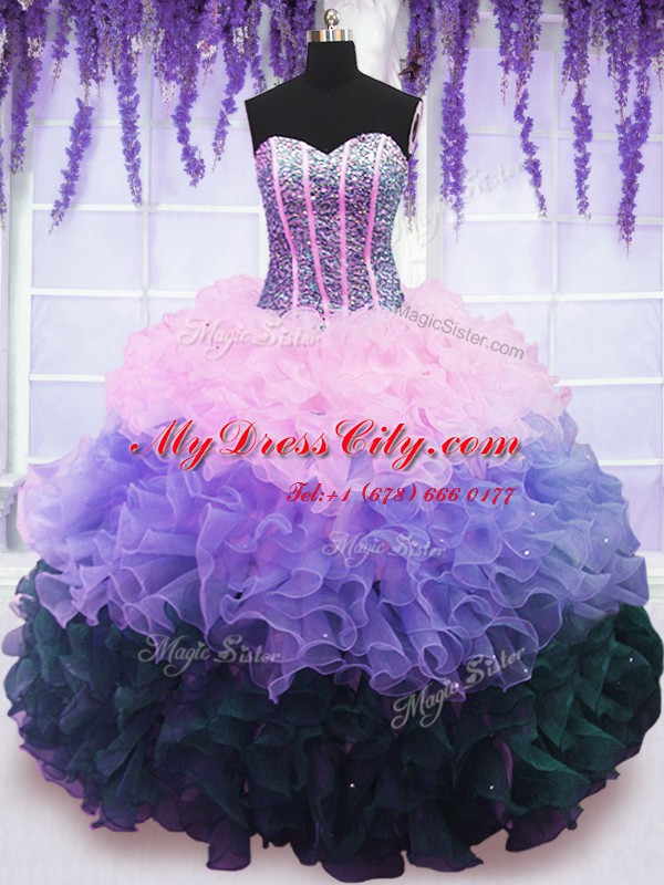 Charming Organza Sweetheart Sleeveless Lace Up Beading and Ruffles and Ruffled Layers Quinceanera Dresses in Multi-color