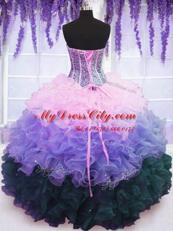 Charming Organza Sweetheart Sleeveless Lace Up Beading and Ruffles and Ruffled Layers Quinceanera Dresses in Multi-color