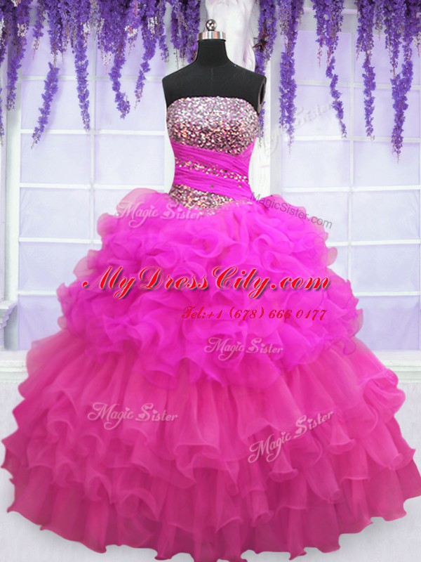 Custom Designed Multi-color Organza Lace Up Strapless Sleeveless Floor Length Ball Gown Prom Dress Beading and Ruffled Layers and Pick Ups