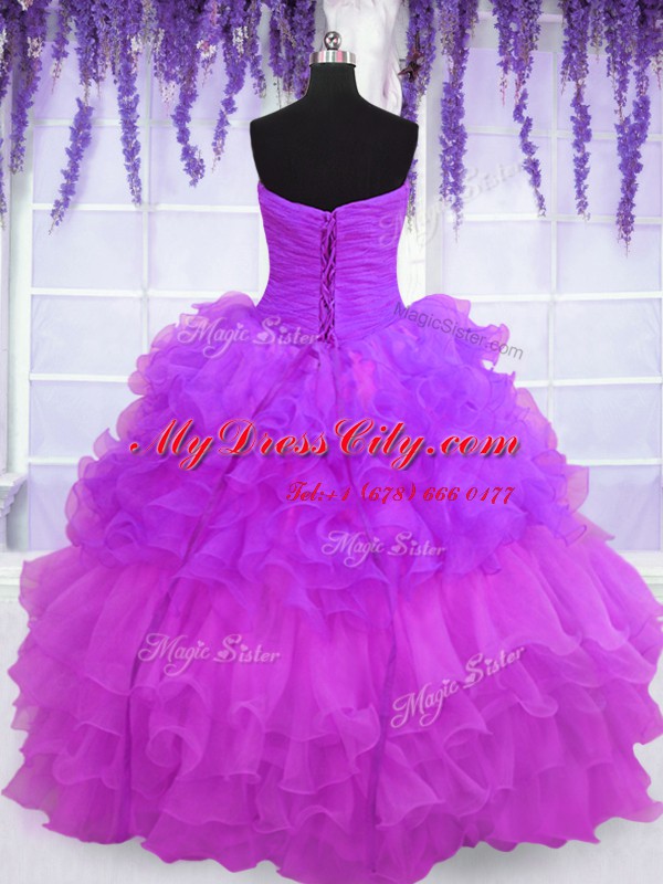 Custom Designed Multi-color Organza Lace Up Strapless Sleeveless Floor Length Ball Gown Prom Dress Beading and Ruffled Layers and Pick Ups