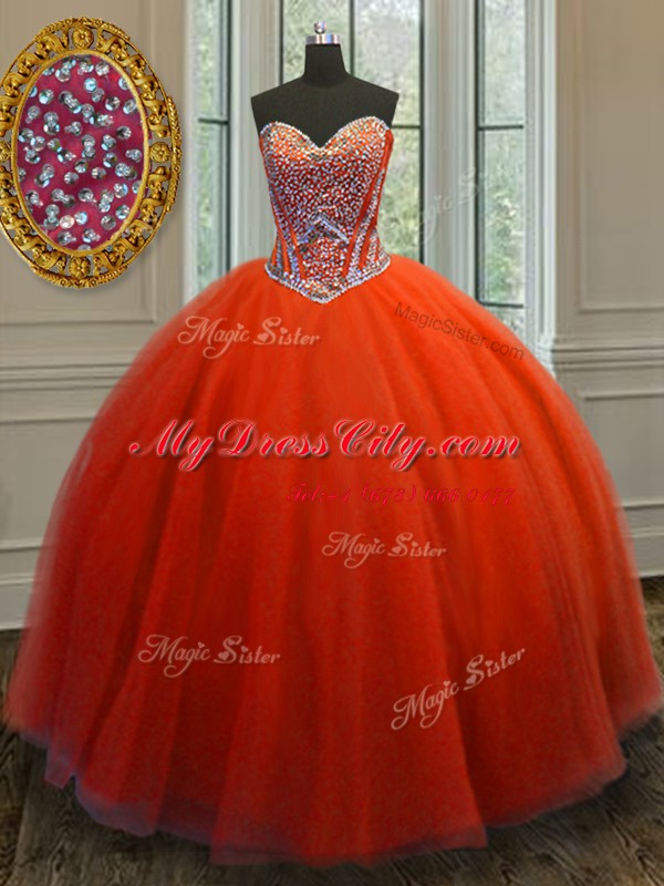 Red Sleeveless Floor Length Beading Lace Up Quinceanera Dresses