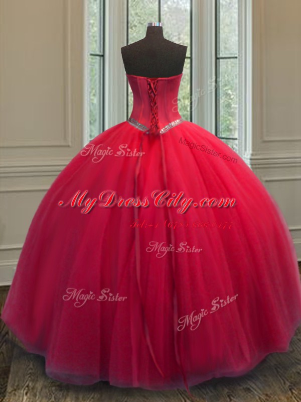 Red Sleeveless Floor Length Beading Lace Up Quinceanera Dresses