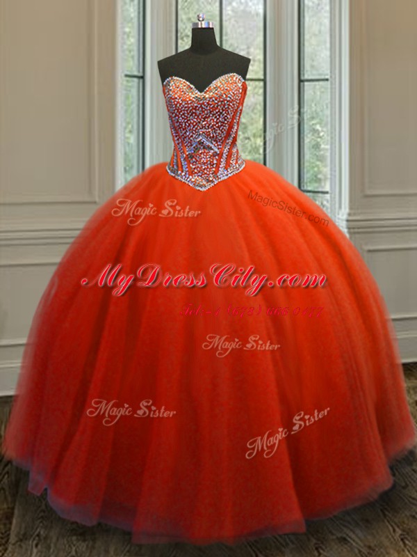 Red Sleeveless Floor Length Beading Lace Up Quinceanera Dresses