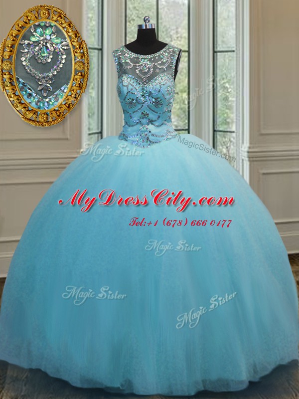 Smart Scoop Floor Length Ball Gowns Sleeveless Baby Blue 15 Quinceanera Dress Lace Up