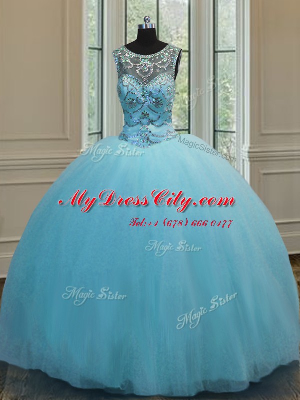 Smart Scoop Floor Length Ball Gowns Sleeveless Baby Blue 15 Quinceanera Dress Lace Up