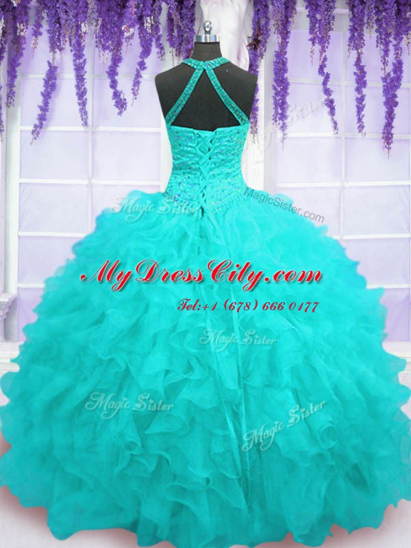 Modest Floor Length Lace Up Quinceanera Dress Aqua Blue for Military Ball and Sweet 16 and Quinceanera with Beading and Ruffles