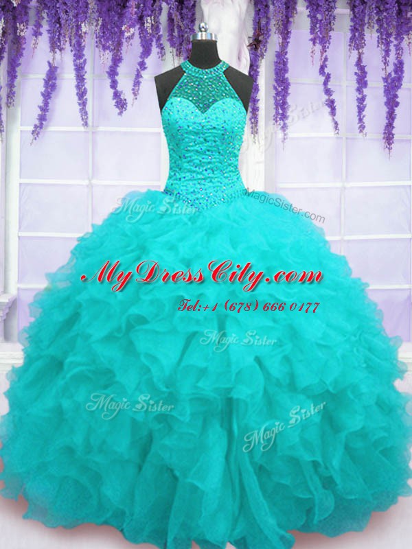 Modest Floor Length Lace Up Quinceanera Dress Aqua Blue for Military Ball and Sweet 16 and Quinceanera with Beading and Ruffles