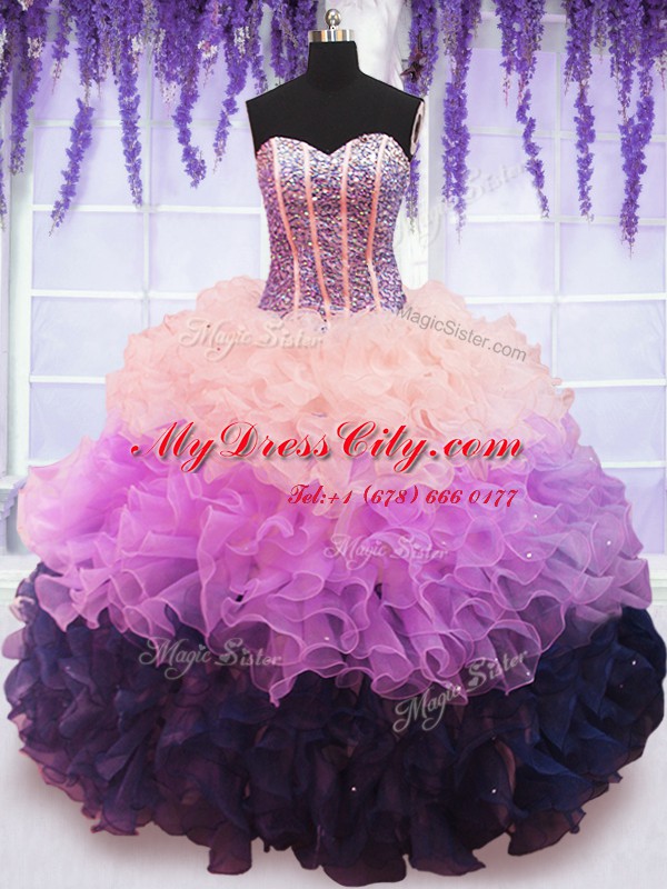 High Quality Ruffled Floor Length Multi-color 15th Birthday Dress Sweetheart Sleeveless Lace Up