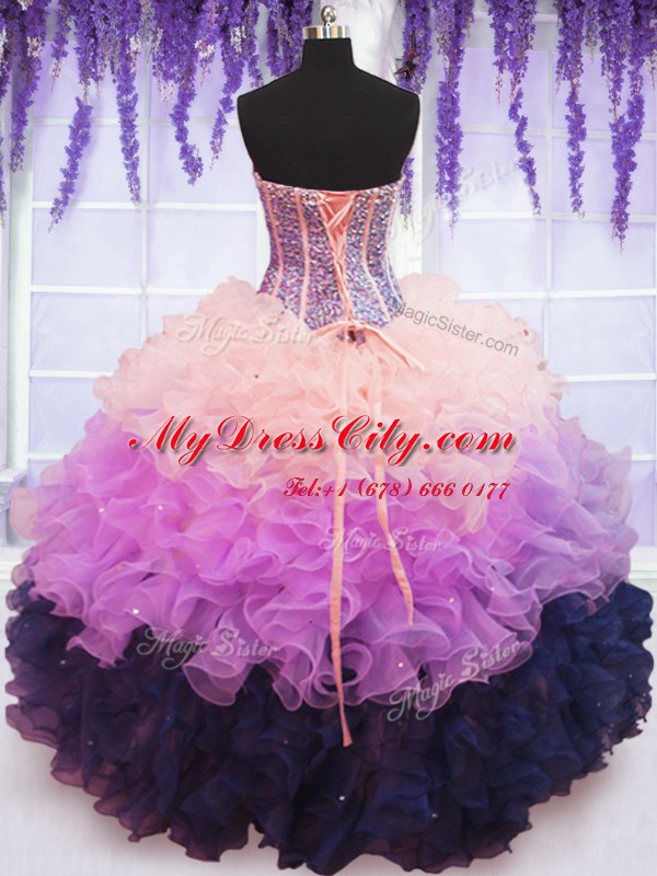 High Quality Ruffled Floor Length Multi-color 15th Birthday Dress Sweetheart Sleeveless Lace Up