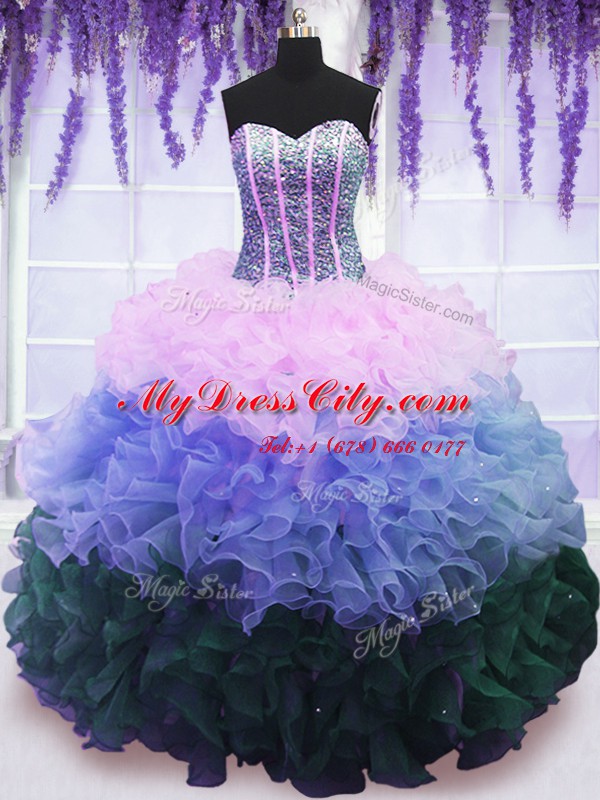 Custom Design Ruffled Floor Length Multi-color 15 Quinceanera Dress Sweetheart Sleeveless Lace Up