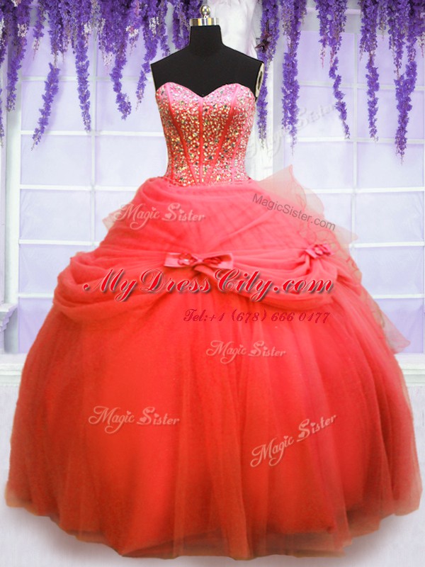 Coral Red Lace Up Quince Ball Gowns Beading and Bowknot Sleeveless Floor Length