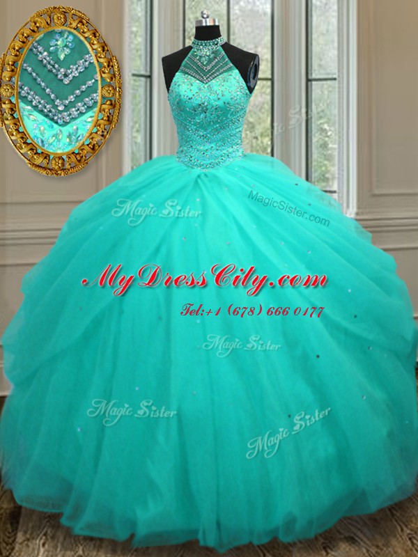 Aqua Blue Halter Top Lace Up Beading Ball Gown Prom Dress Sleeveless