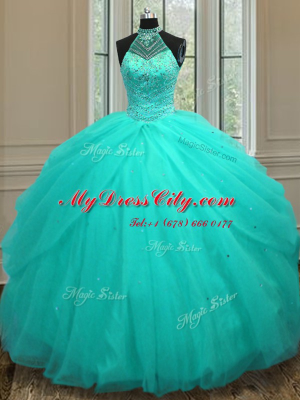 Aqua Blue Halter Top Lace Up Beading Ball Gown Prom Dress Sleeveless