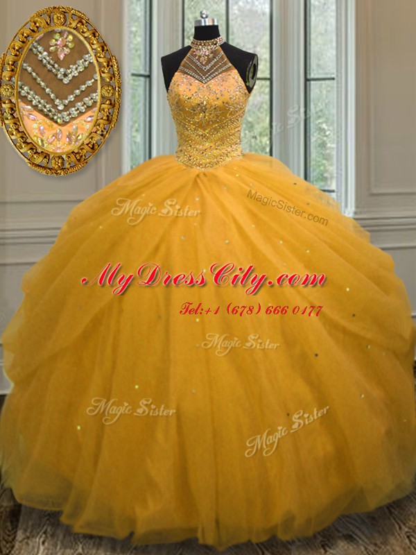 Halter Top Beading Quinceanera Gowns Gold Lace Up Sleeveless Floor Length