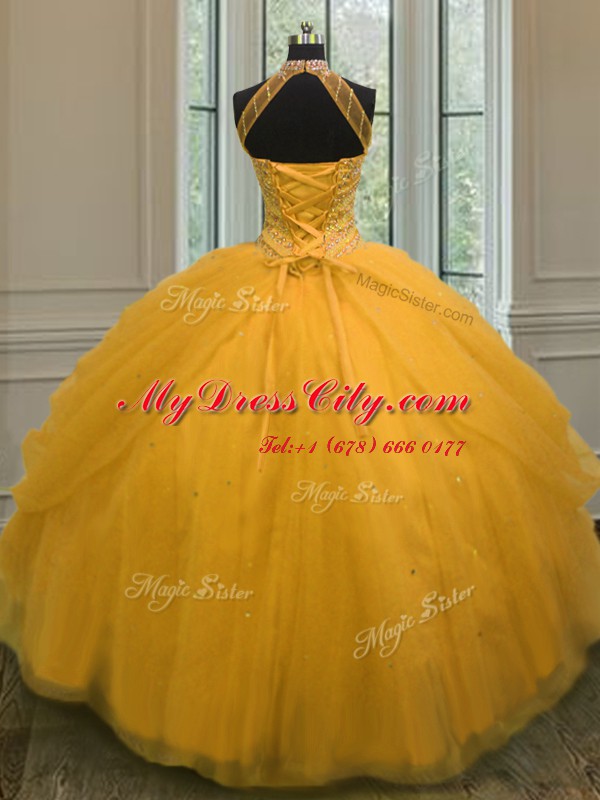 Halter Top Beading Quinceanera Gowns Gold Lace Up Sleeveless Floor Length