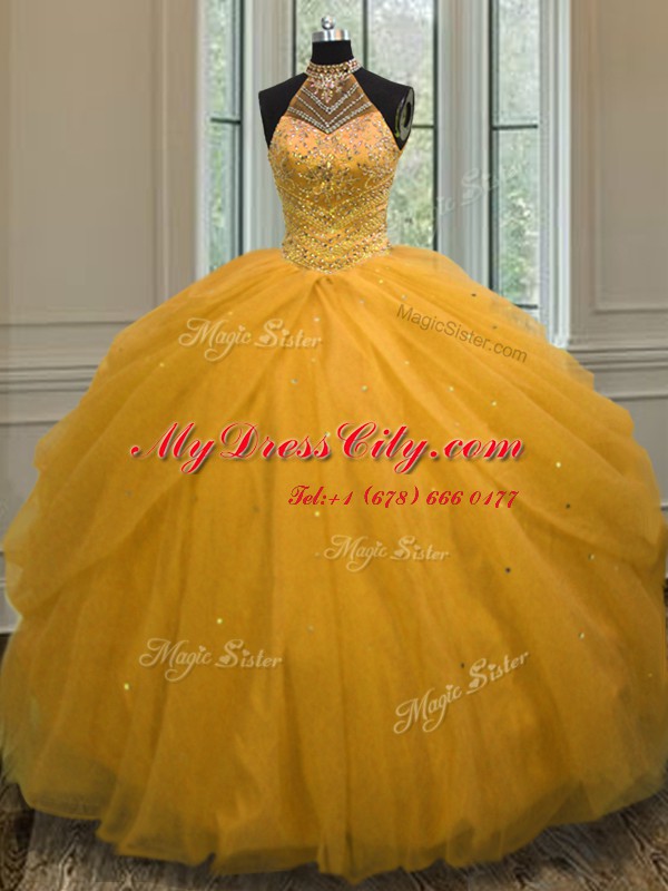 Halter Top Beading Quinceanera Gowns Gold Lace Up Sleeveless Floor Length