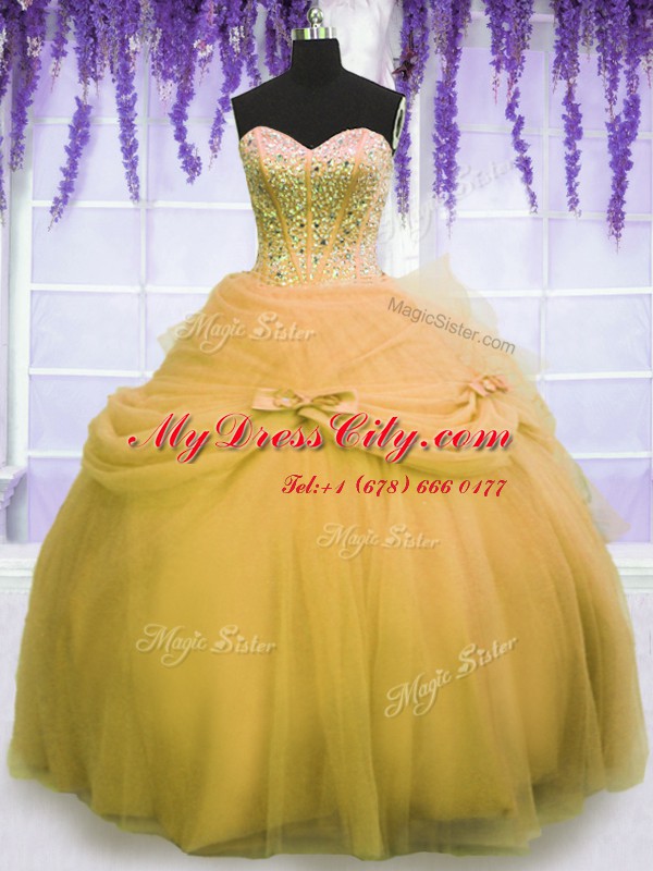 Sweetheart Sleeveless Sweet 16 Dress Floor Length Beading and Bowknot Gold Tulle