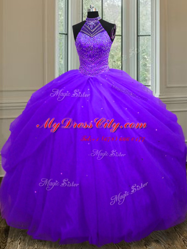 Purple Ball Gowns Tulle Halter Top Sleeveless Beading and Sequins Floor Length Lace Up Quince Ball Gowns