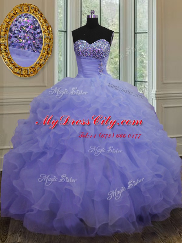 Floor Length Lavender 15th Birthday Dress Organza Sleeveless Beading and Ruffles