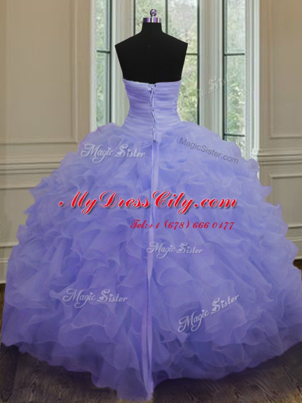 Floor Length Lavender 15th Birthday Dress Organza Sleeveless Beading and Ruffles