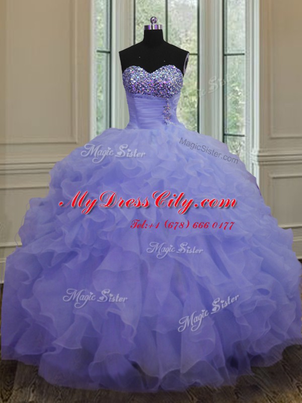 Floor Length Lavender 15th Birthday Dress Organza Sleeveless Beading and Ruffles