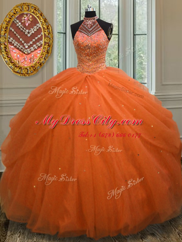 Noble Halter Top Orange Red Lace Up Ball Gown Prom Dress Beading Sleeveless Floor Length