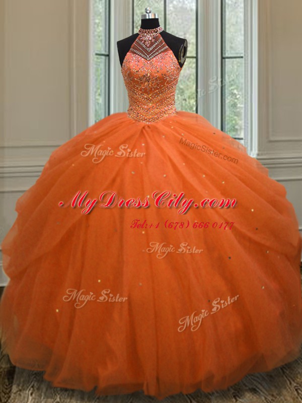 Noble Halter Top Orange Red Lace Up Ball Gown Prom Dress Beading Sleeveless Floor Length