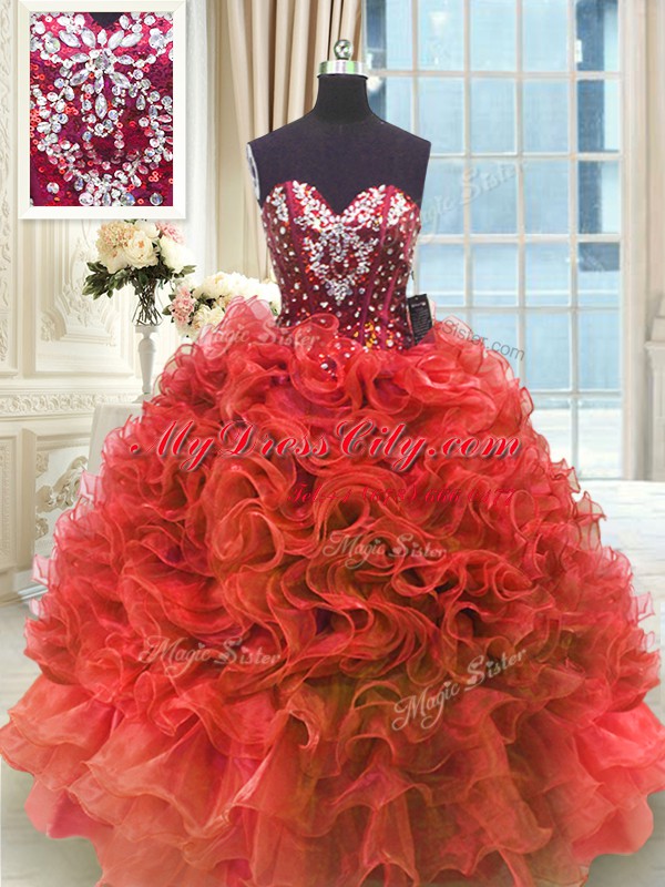 Enchanting Ball Gowns 15th Birthday Dress Wine Red Sweetheart Organza Sleeveless Floor Length Lace Up