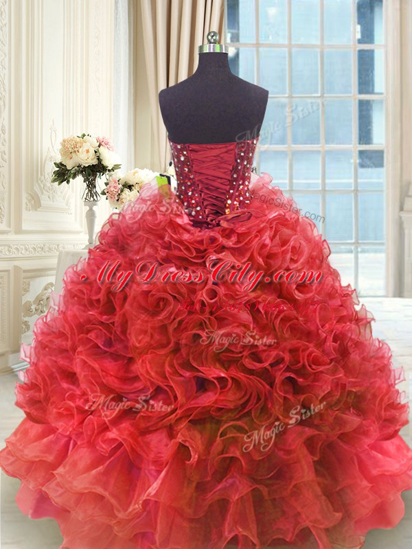 Enchanting Ball Gowns 15th Birthday Dress Wine Red Sweetheart Organza Sleeveless Floor Length Lace Up