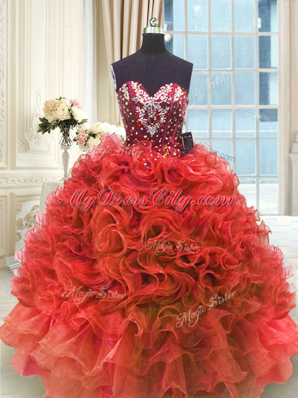 Enchanting Ball Gowns 15th Birthday Dress Wine Red Sweetheart Organza Sleeveless Floor Length Lace Up