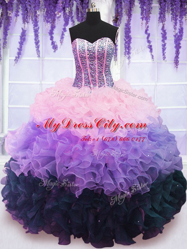 High Quality Multi-color Sleeveless Floor Length Beading and Ruffles and Ruffled Layers Lace Up Vestidos de Quinceanera