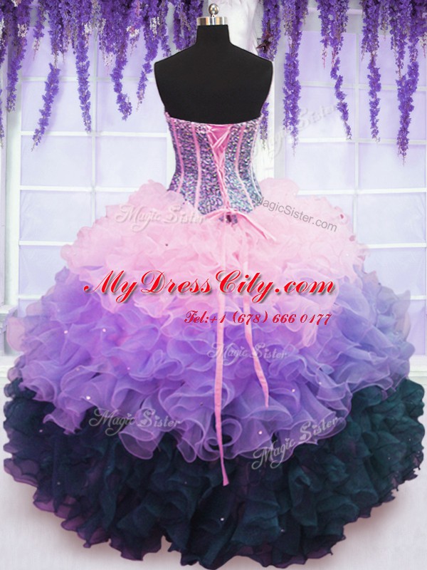 High Quality Multi-color Sleeveless Floor Length Beading and Ruffles and Ruffled Layers Lace Up Vestidos de Quinceanera