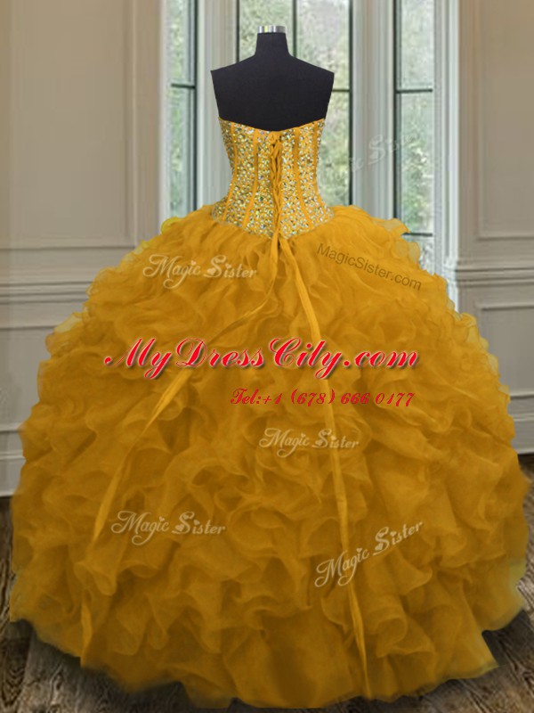 Chic Sleeveless Floor Length Beading and Ruffles Lace Up Vestidos de Quinceanera with Orange